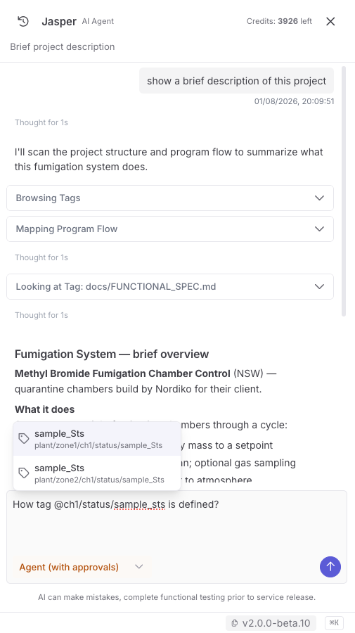 Jasper summarising a project, with an @-mention picker open in the message box