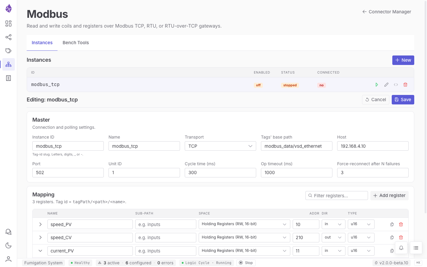 Editing a Modbus TCP instance: master settings and the register mapping