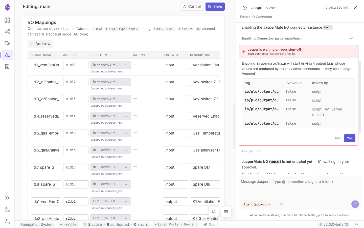 Enabling an output-driving connector asks for explicit sign-off first — on cold-start it writes the commanded value straight to the field
