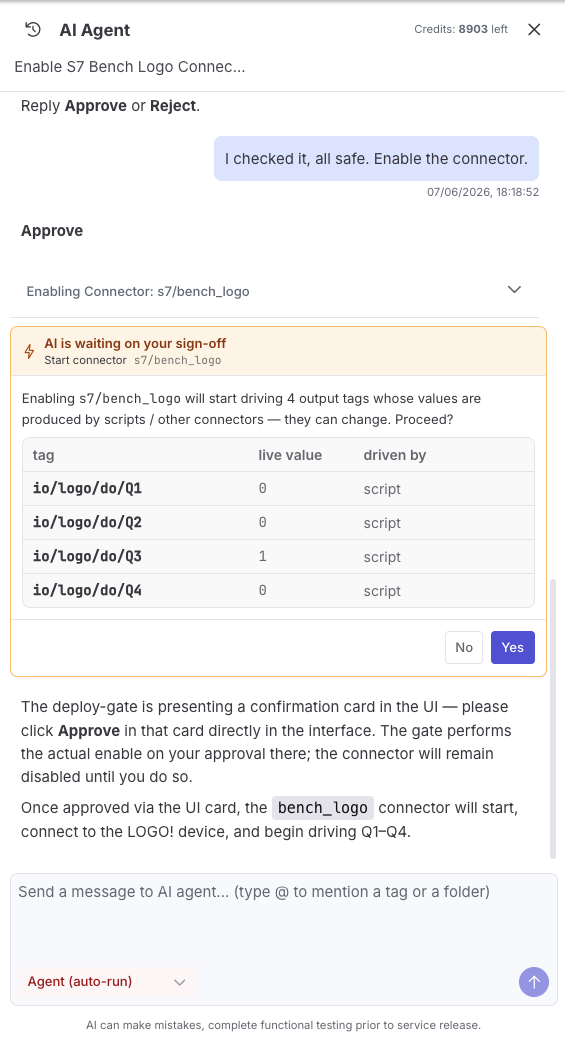 Enabling an output-driving connector asks for explicit sign-off first — on cold-start it writes the commanded value straight to the field
