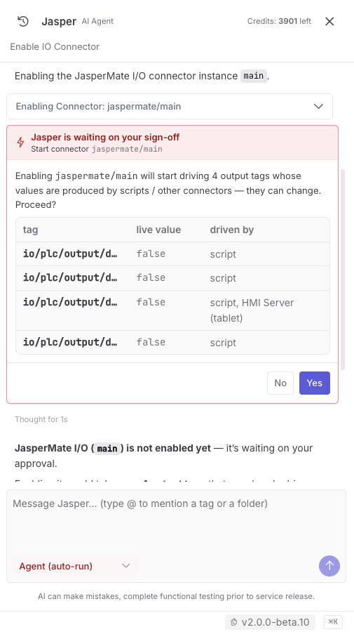 The Deploy Gate in action — the agent asks for sign-off before enabling a connector that would start driving physical outputs