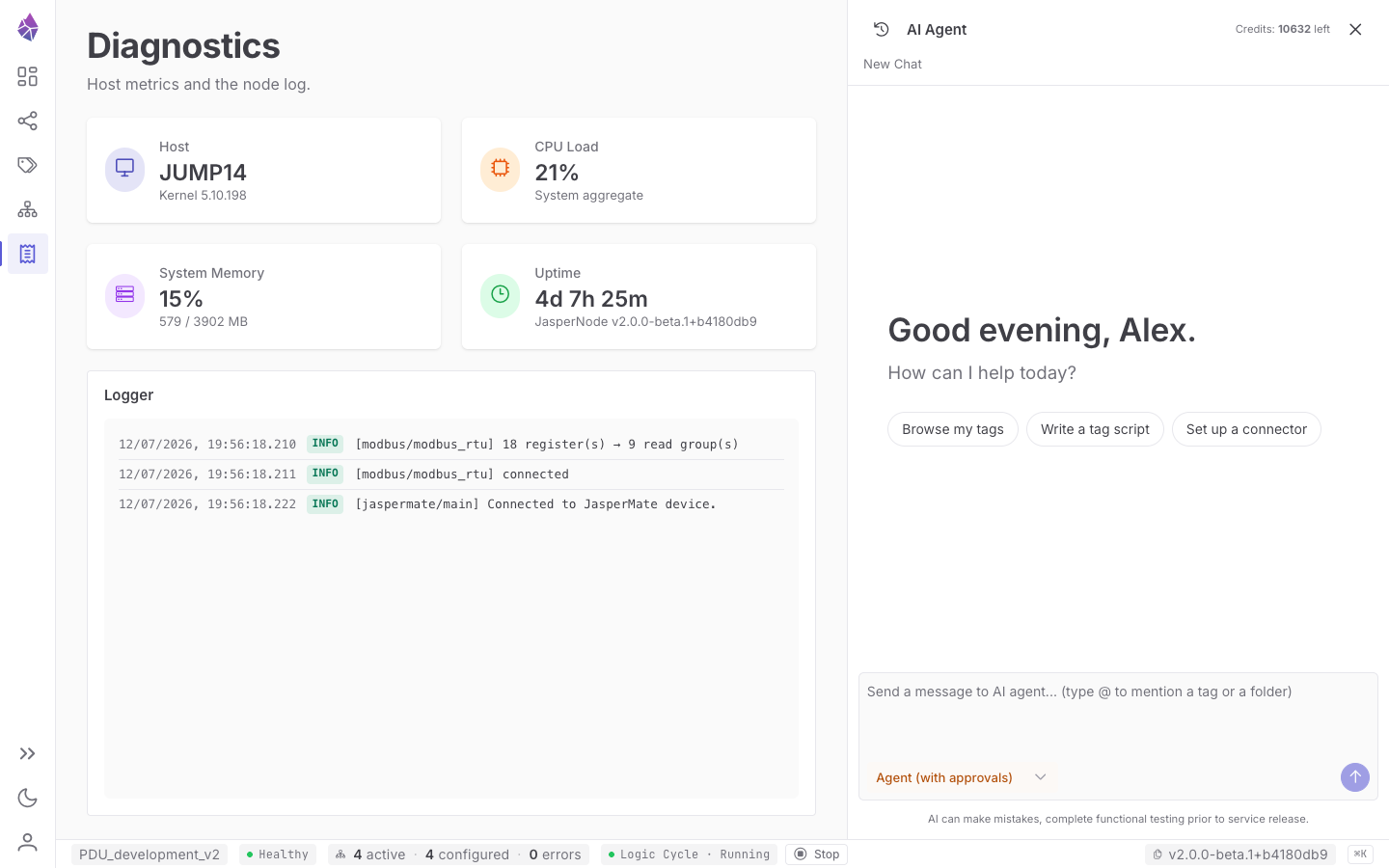 Diagnostics — host stat cards and the Logger