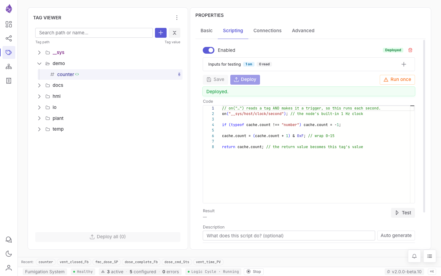 The counter script deployed on demo/counter — the editor, its derived input, and the deploy actions