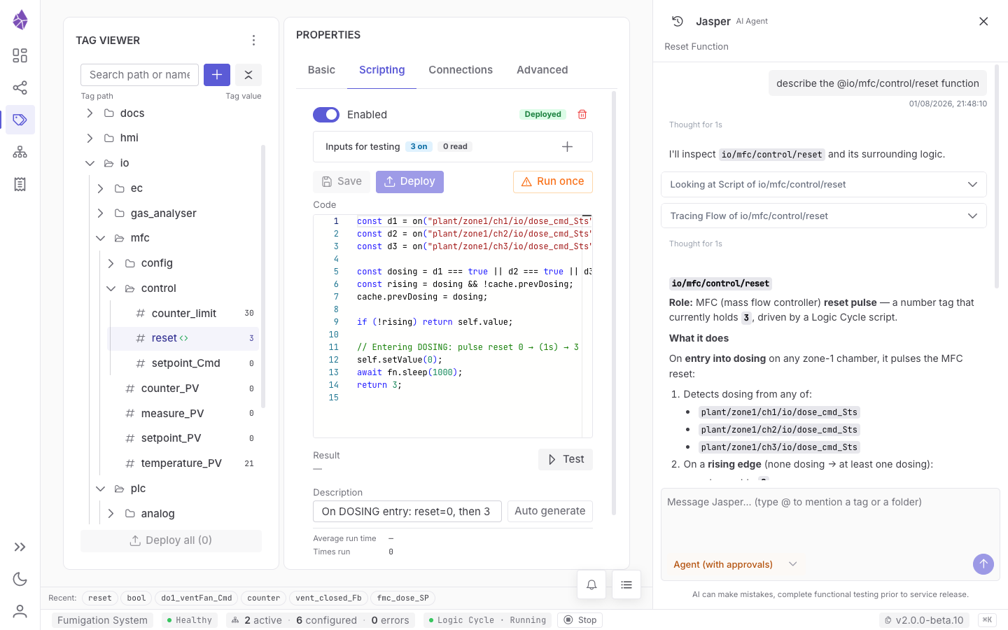 The JasperNode IDE: the tag tree, a tag's script in the editor, and Jasper explaining what that script does