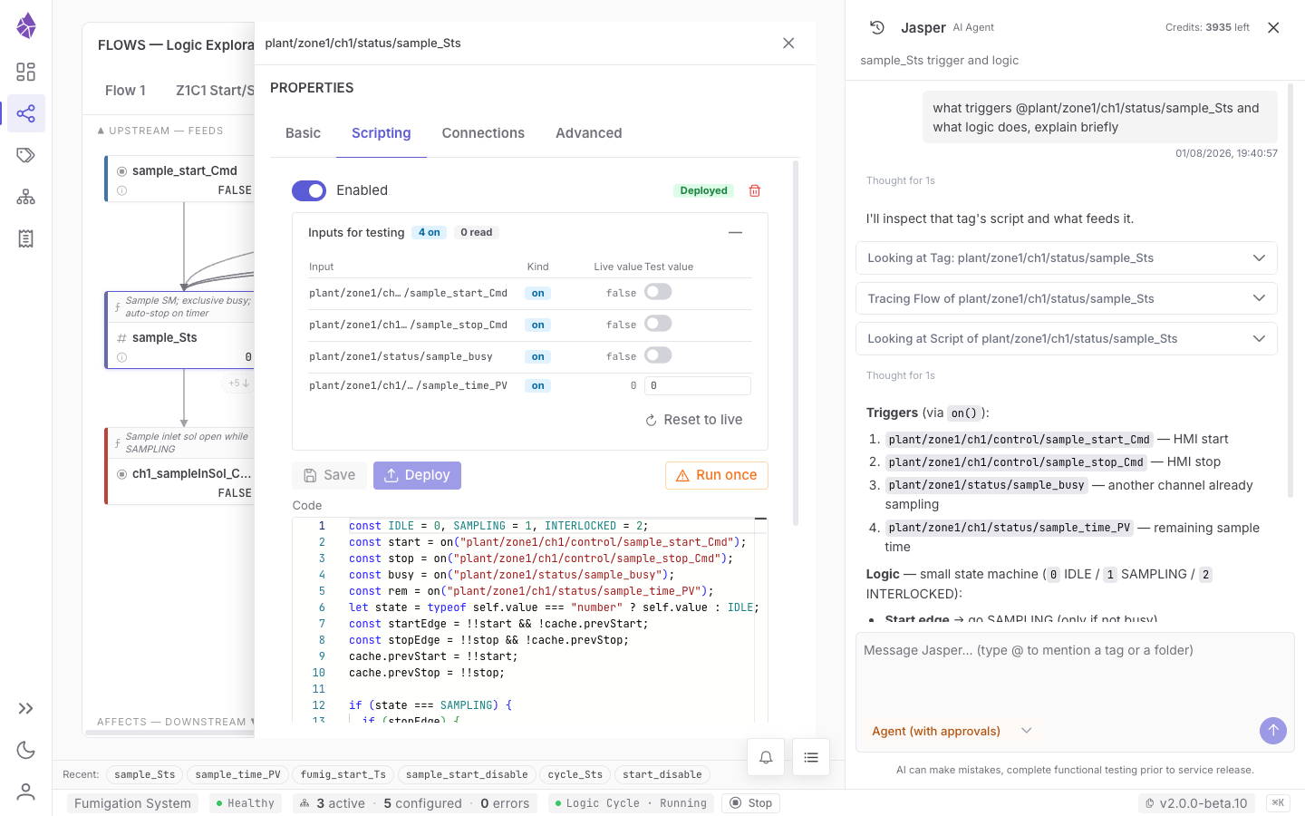 Jasper listing a tag's triggers and explaining its state machine