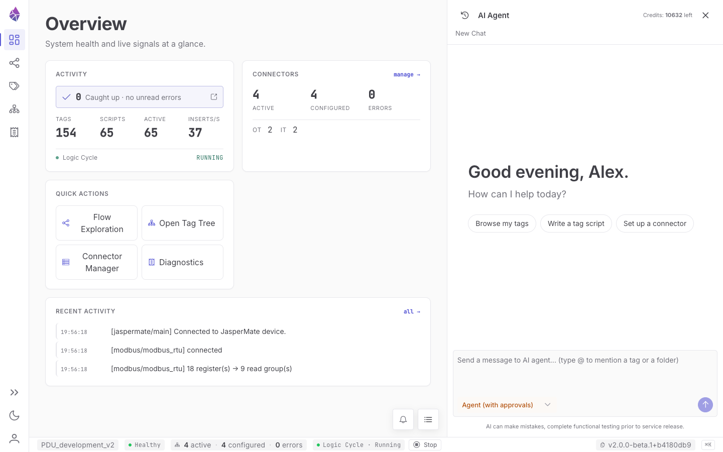 The Overview dashboard, with the AI Agent panel on the right
