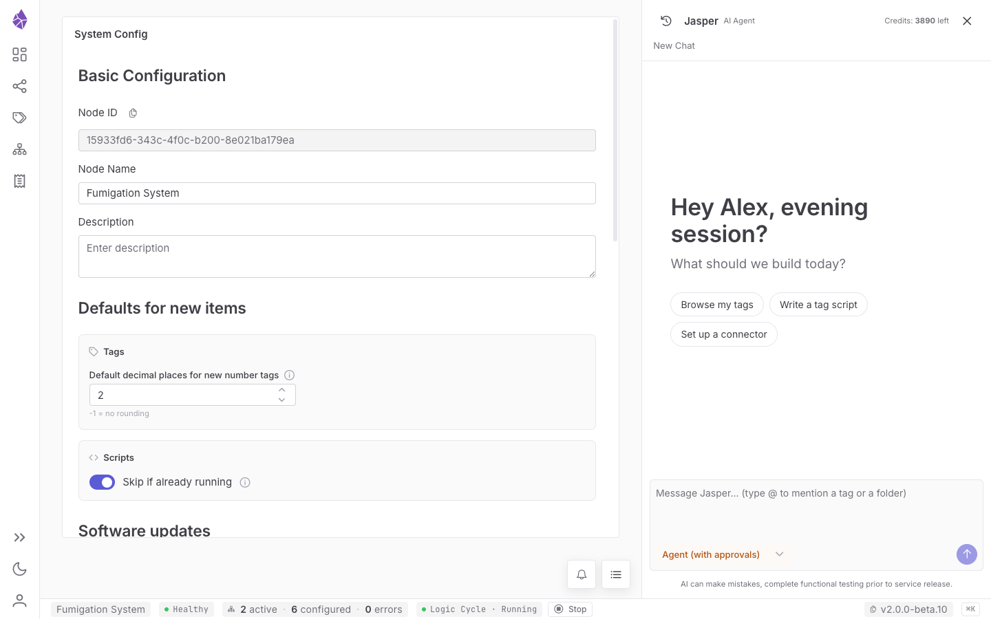 System Config — node identity and the defaults applied to new tags and scripts