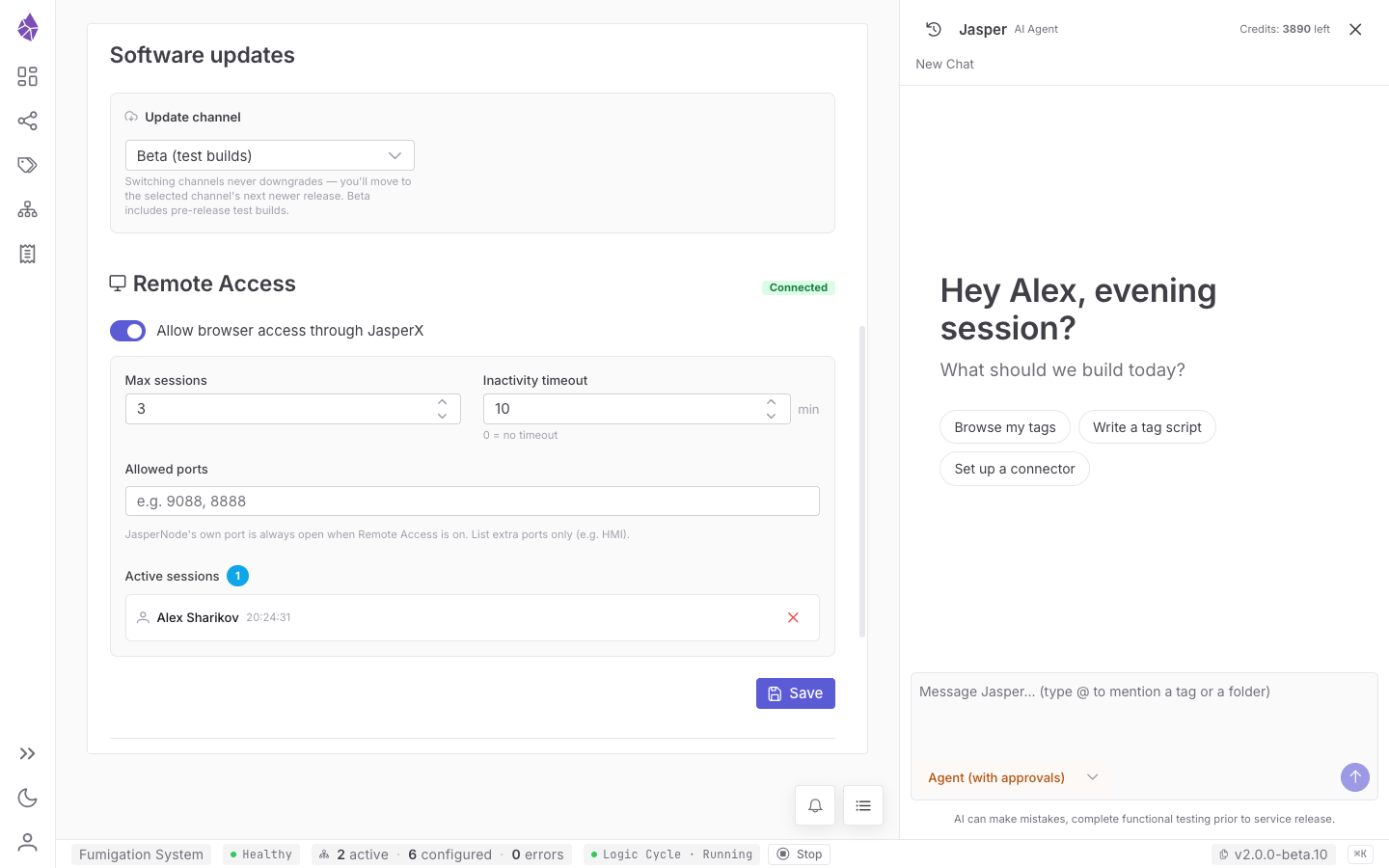 System Config — the update channel and the Remote Access controls