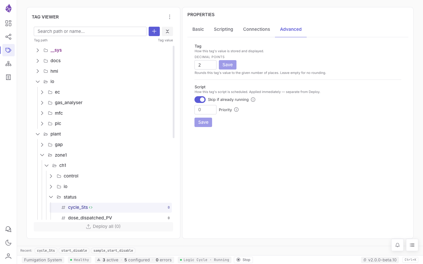 The Advanced tab — decimal points, and the script's scheduling settings
