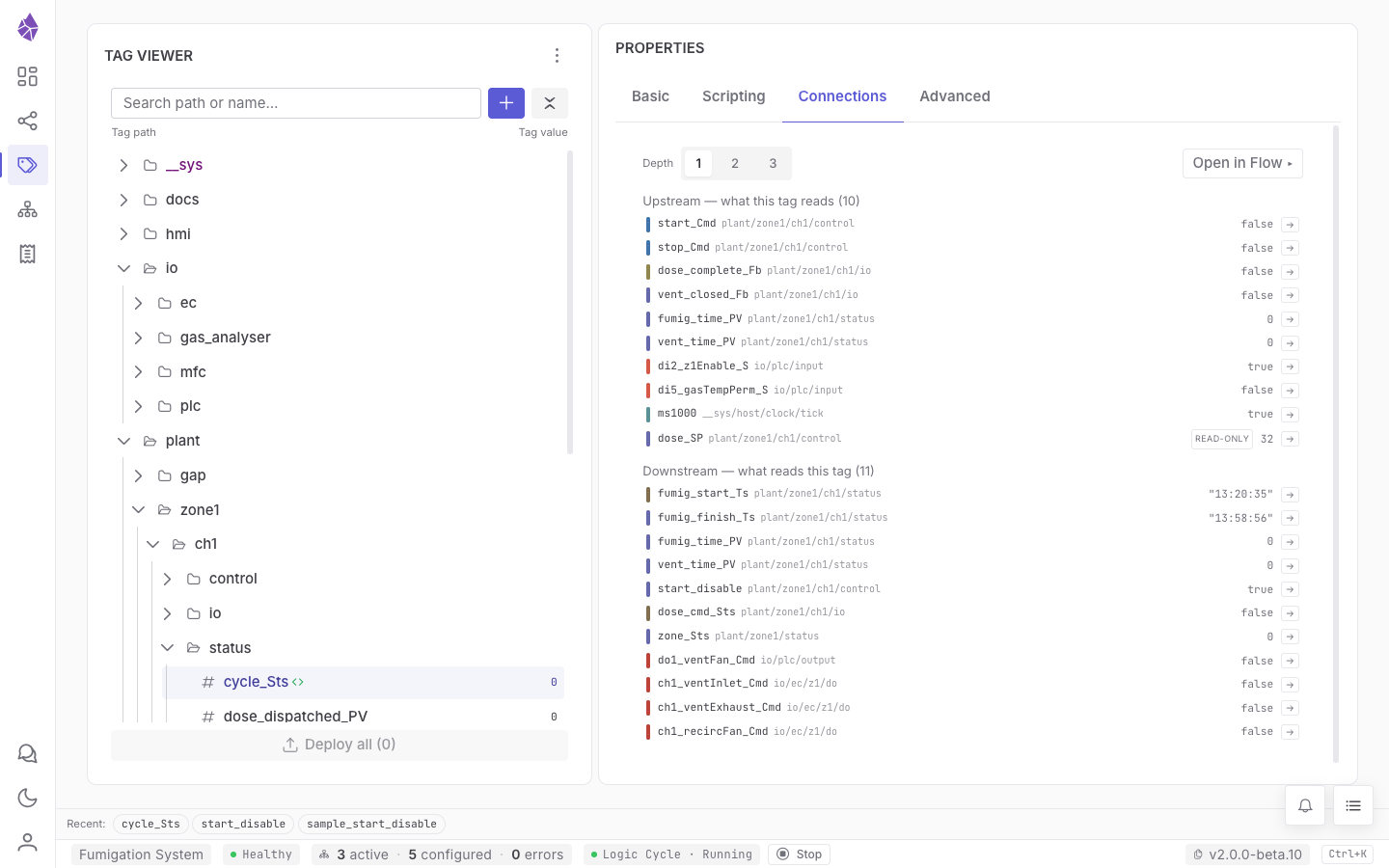 The Connections tab — upstream inputs and downstream consumers, with live values
