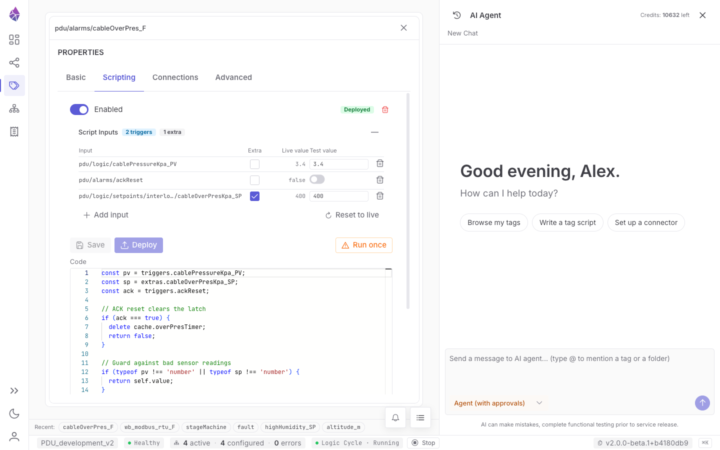 The Scripting tab: the Monaco editor, the trigger list, and the test panel